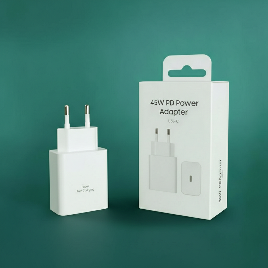 45W PD Power Adapter with packaging on a green background