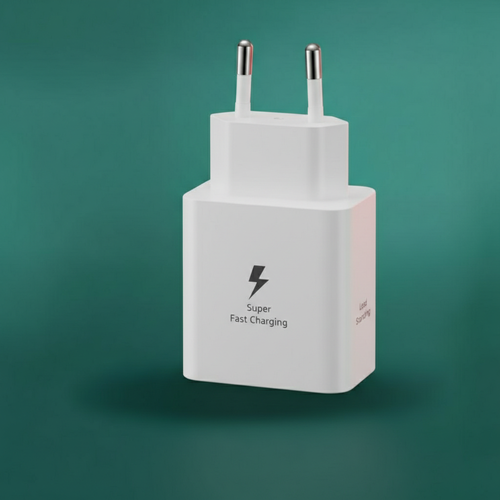 White charging adapter with 'Super Fast Charging' text on a green background