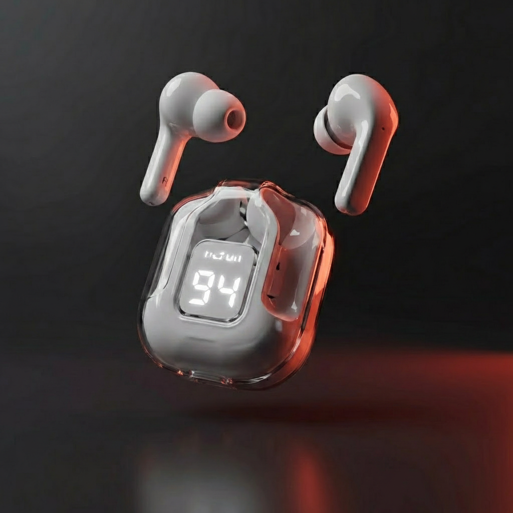 Wireless earbuds with charging case on a dark background