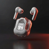 Wireless earbuds with charging case on a dark background