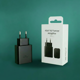 Black 45W PD power adapter with its packaging on a teal background