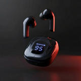Black and red wireless earbuds with a charging case on a dark background