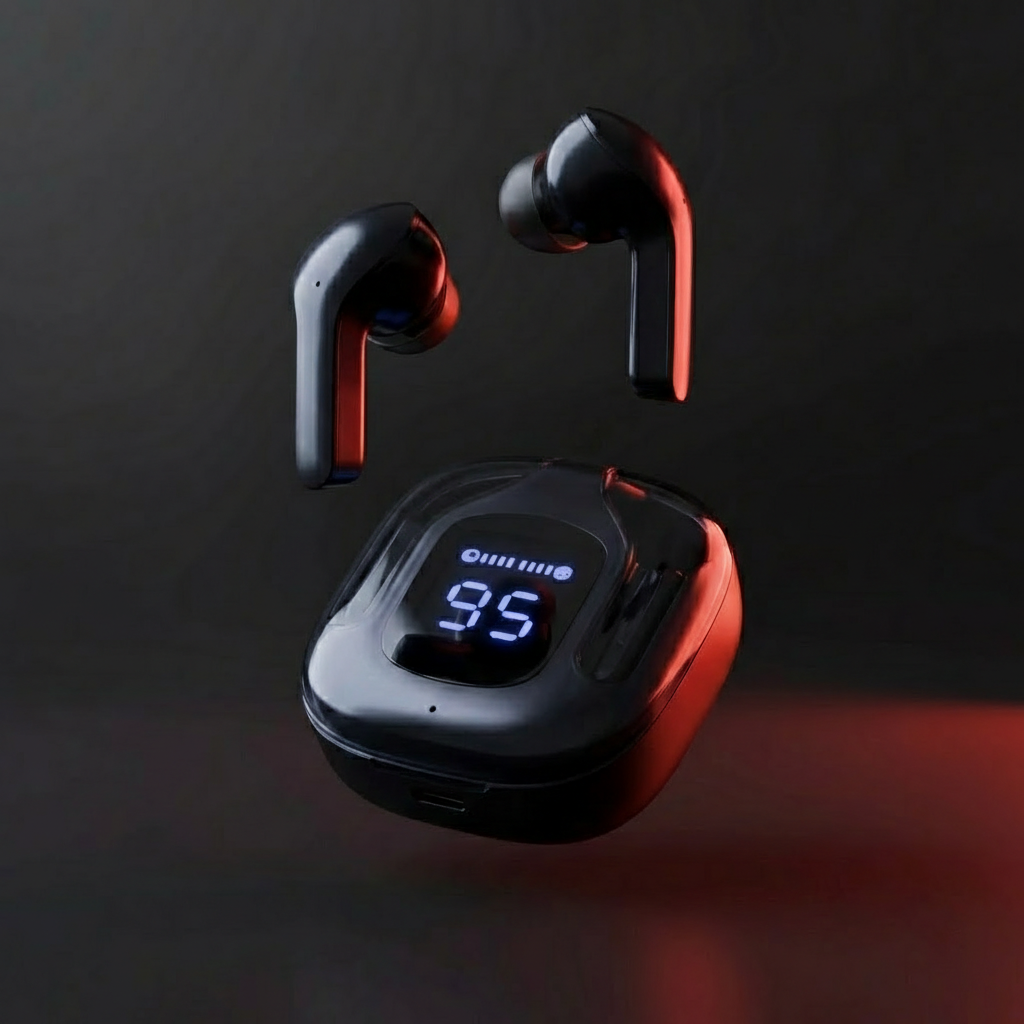 Black and red wireless earbuds with a charging case on a dark background