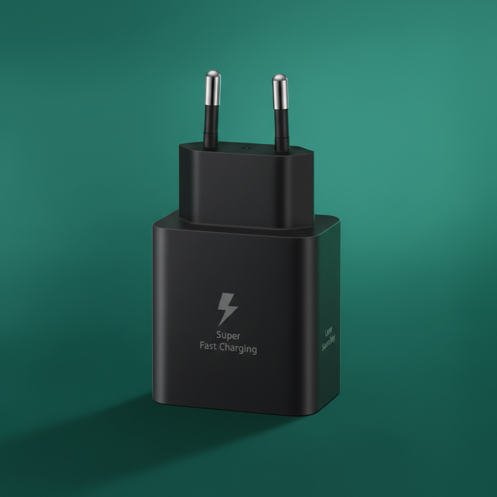 Black charging adapter with 'Super Fast Charging' text on a green background