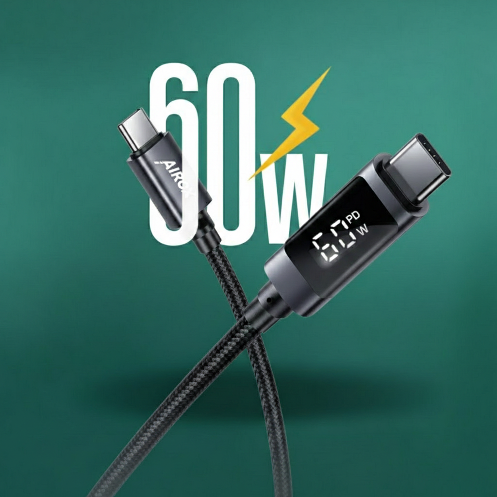Black charging cable with '60W' text on a green background
