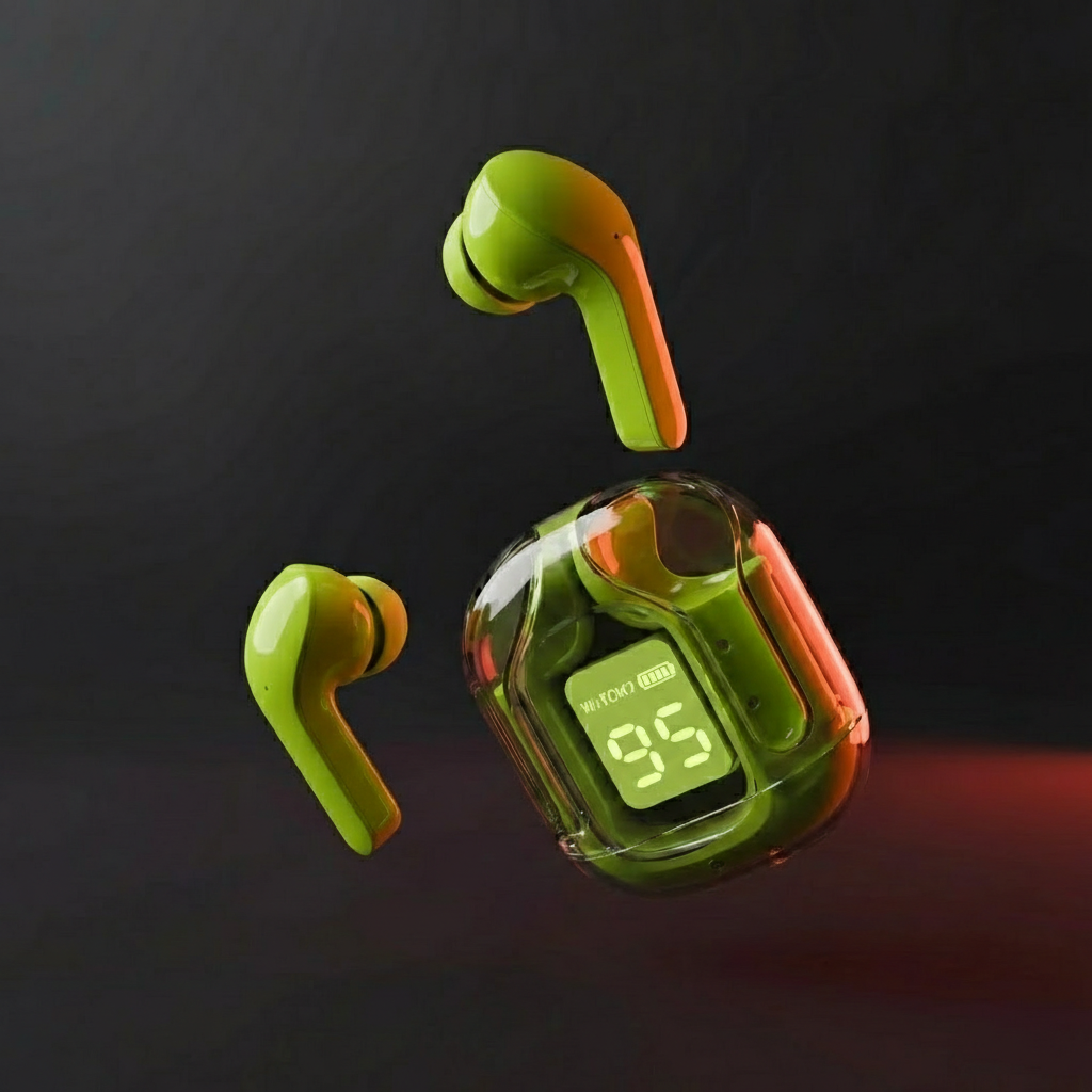 Green wireless earbuds with a transparent charging case on a dark background