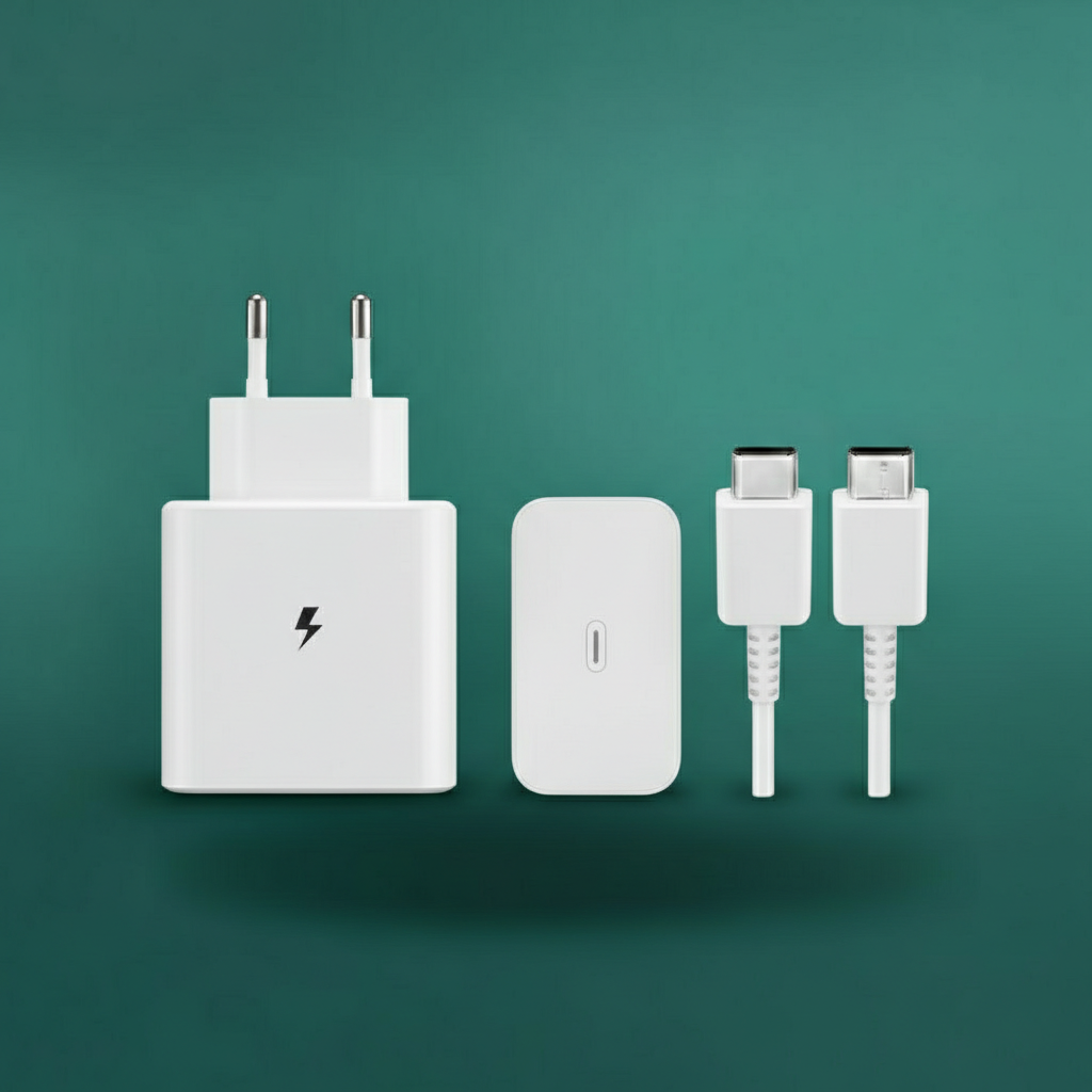 Set of white electronic components including a charger, adapter, and cables on a green background