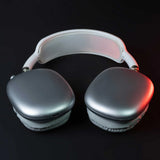 Silver headphones with a white headband on a black background