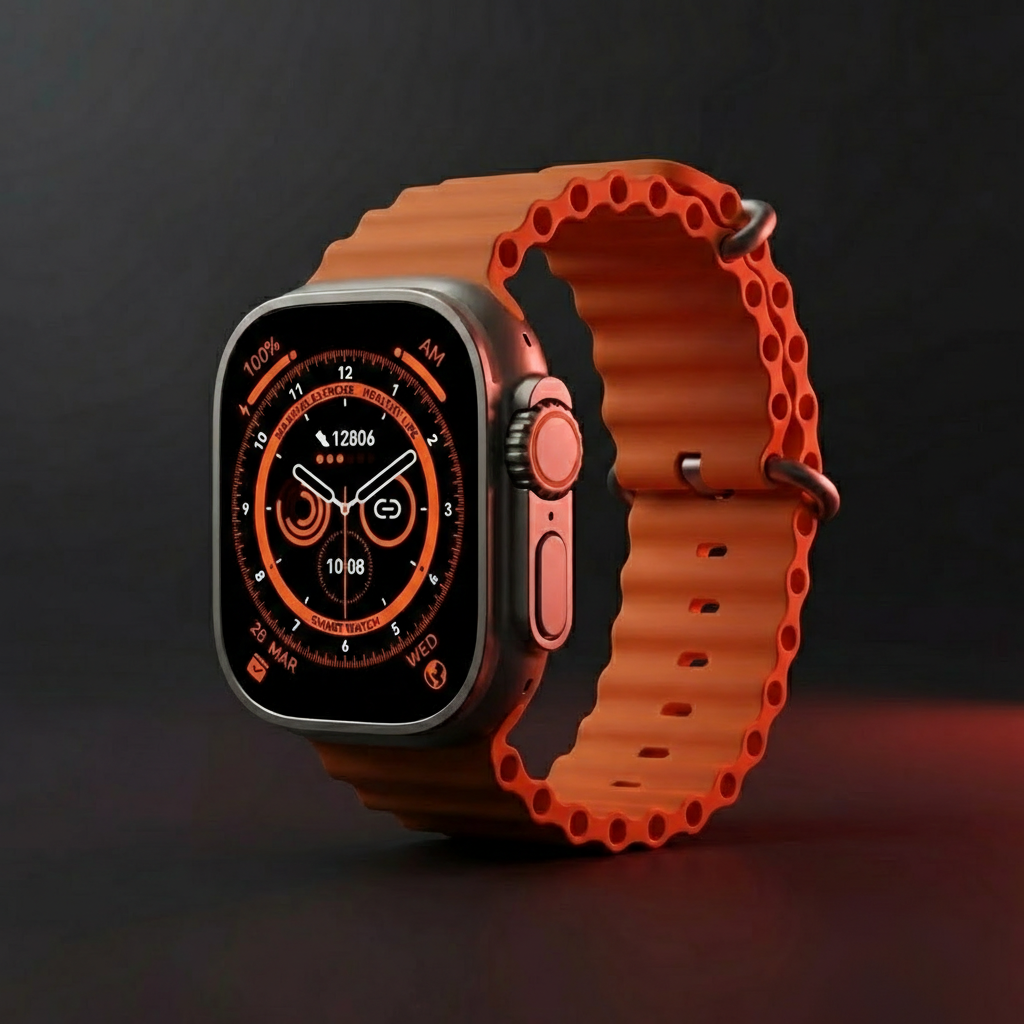 Smartwatch with an orange band on a dark background
