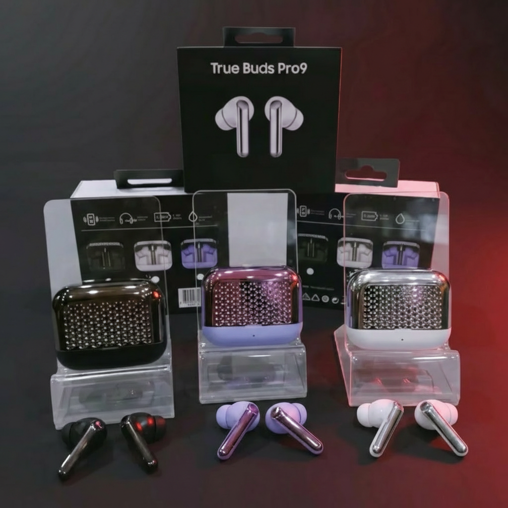 True Buds Pro9 earbuds with packaging on a dark background