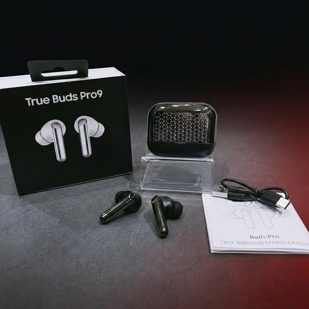 True wireless earbuds with charging case, packaging, and accessories on a dark surface.