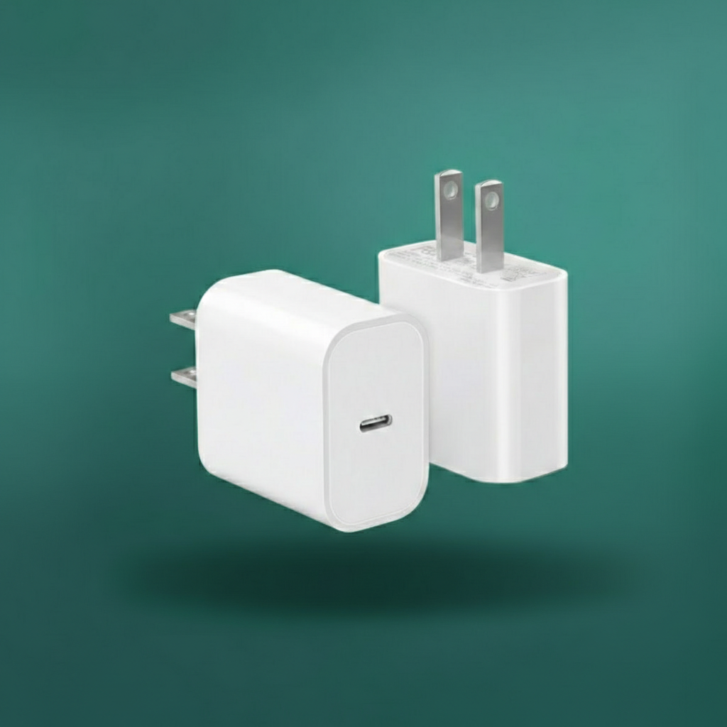Two white USB-C wall adapters on a teal background