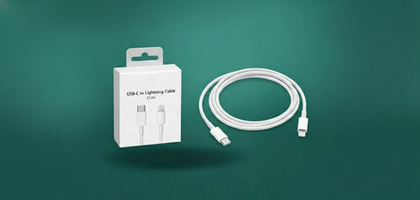 USB-C to Lightning cable with packaging on a green background
