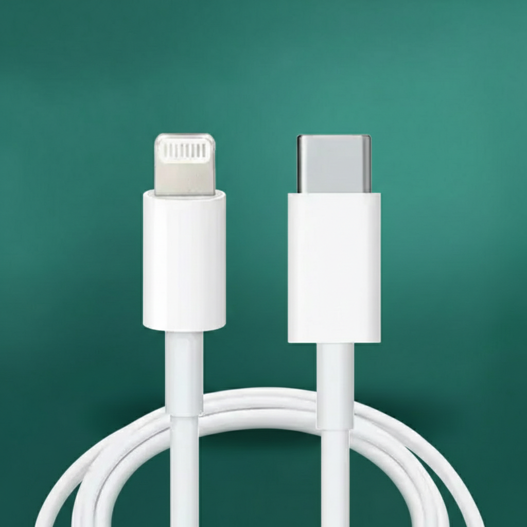White cable with Lightning and USB-C connectors on a green background