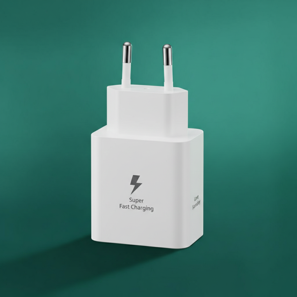 White charging adapter with 'Super Fast Charging' text on a green background