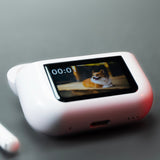 White electronic device with a screen displaying a dog on a gray background