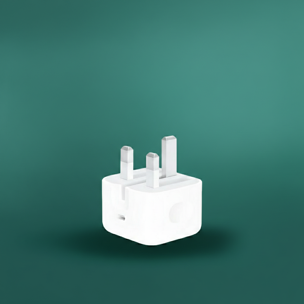 White travel adapter on a green background