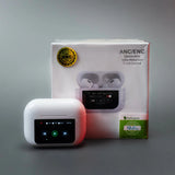 White wireless earbuds with charging case and packaging on a gray background