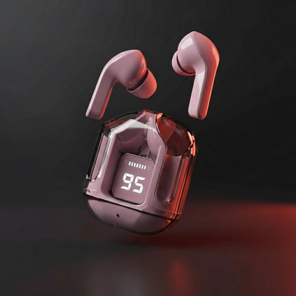 Wireless earbuds with a charging case on a dark background