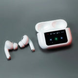Wireless earbuds with a charging case on a gray background