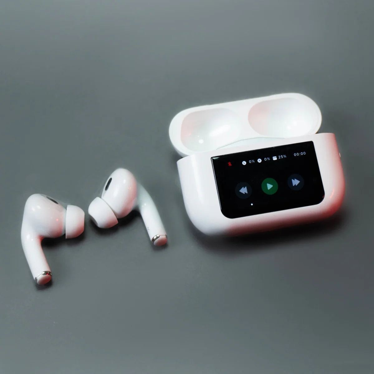 Wireless earbuds with a charging case on a gray background