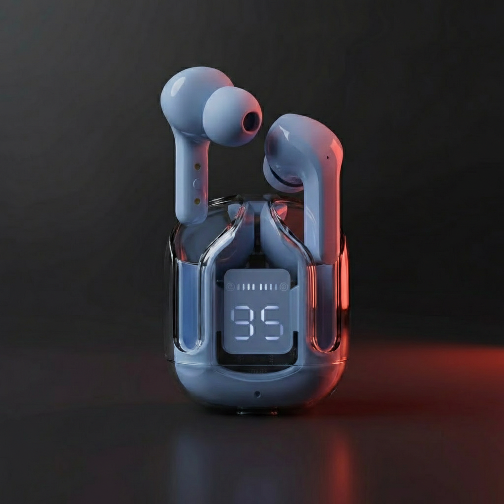 Wireless earbuds with charging case on a dark background